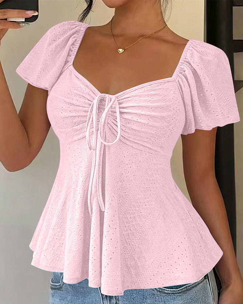 Blouse Doorgebroken Trekkoord Korte Mouw Effen