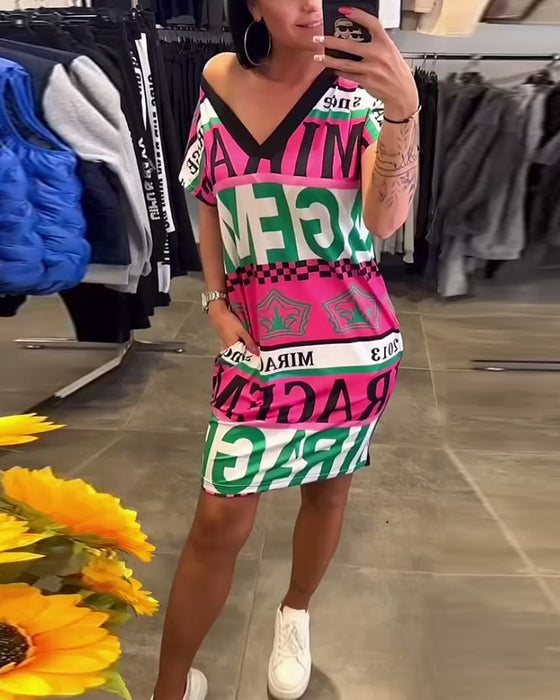 Jurk Bedrukt V-Hals Korte Mouwen