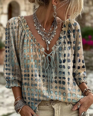 Blouse Stippenpatroon Met Vetersluiting