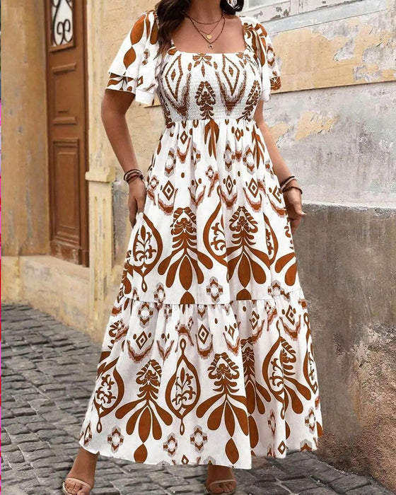 Jurk Blauw Porselein Vierkante Hals Print Maxi