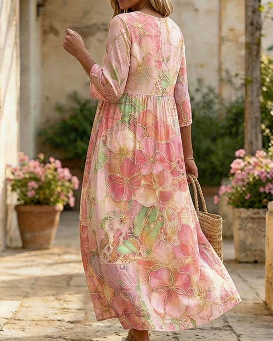 Jurk Aquarel Bloemen Driekwart Mouw Volle Rok Maxi