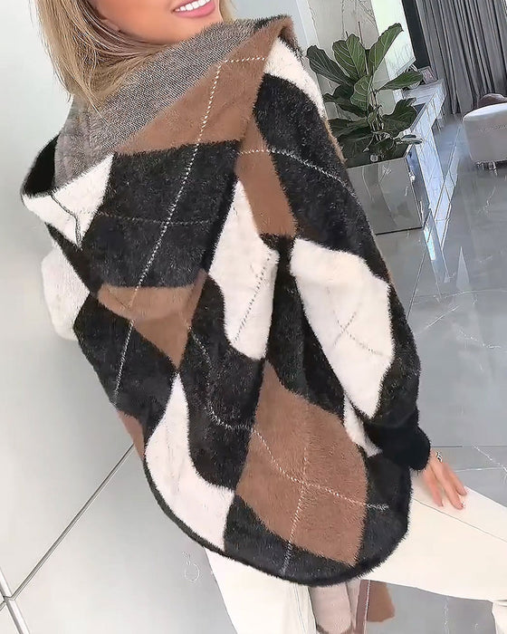 Cardigan Ruit Kleurblok Capuchon Rits