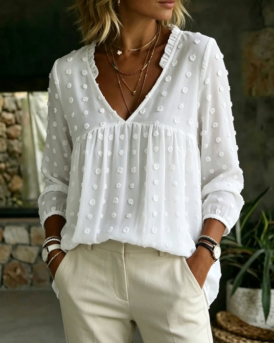 Blouse V-Hals Lange Mouw Geplooid