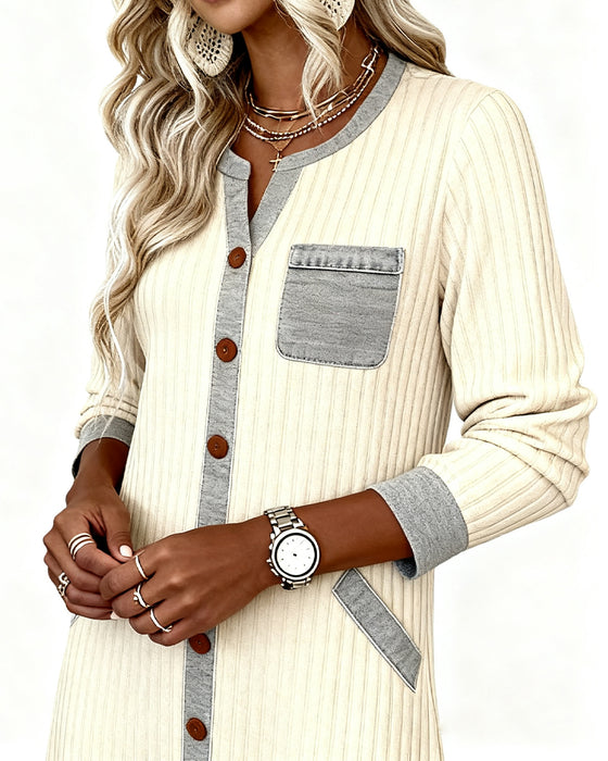 Geribde Jurk Met Kleurblokken En Knopen