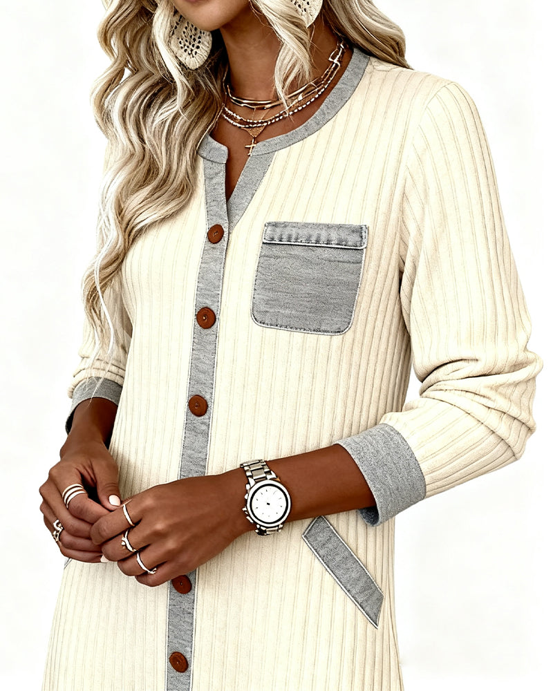 Geribde Jurk Met Kleurblokken En Knopen