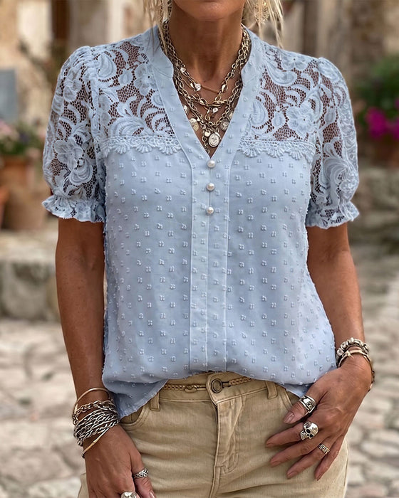 Blouse Kant Patchwork Pofmouw V-Hals