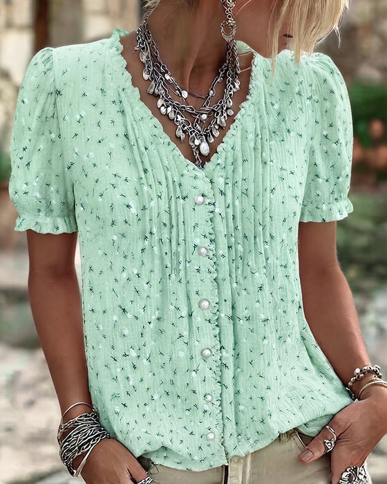 Blouse Poefmouw Bloemenprint Korte-Mouw