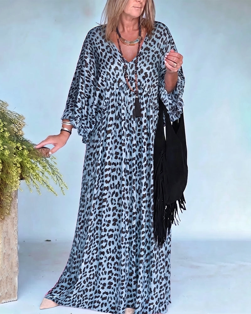 Jurk V-Hals Luipaardprint Loose Fit Casual