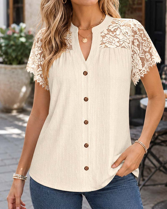 Blouse V-Hals Knoop Kant Paneel