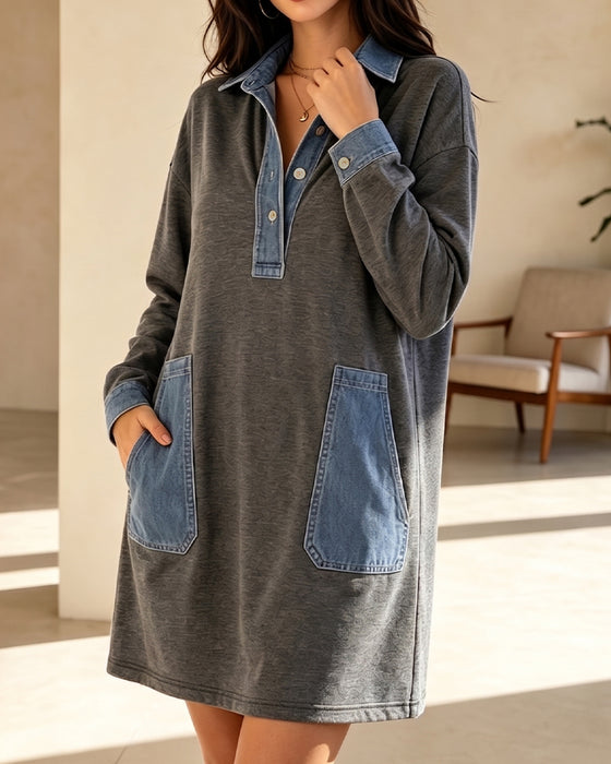 Jurk Polo Kraag Denim Patchwork