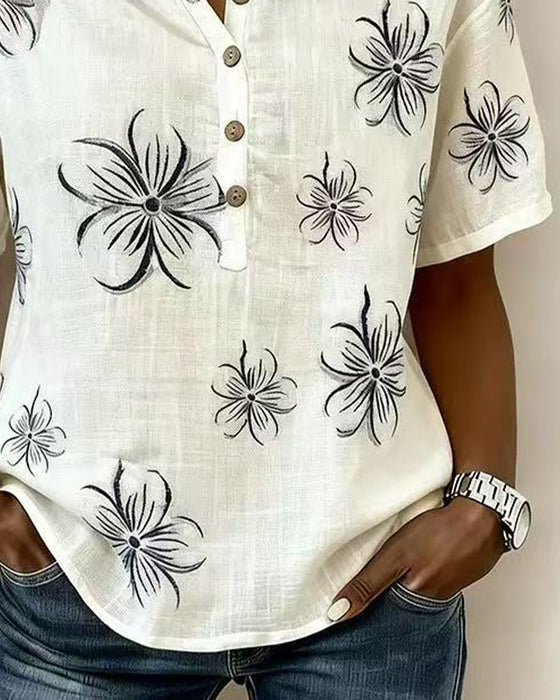 Blouse Ronde Hals Knoopsluiting Bloemen Casual