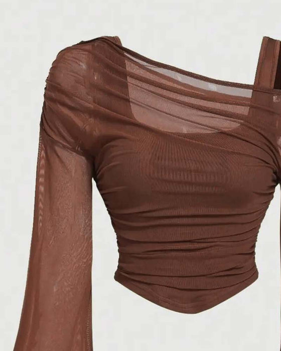 Blouse Gaas Geruwd Lange Mouw Cami
