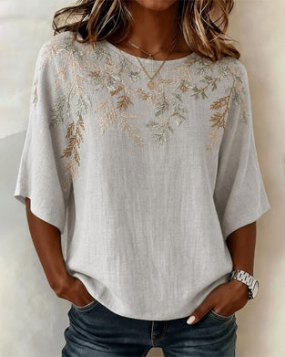 Blouse Ronde Hals Halflange Mouw Bladmotief