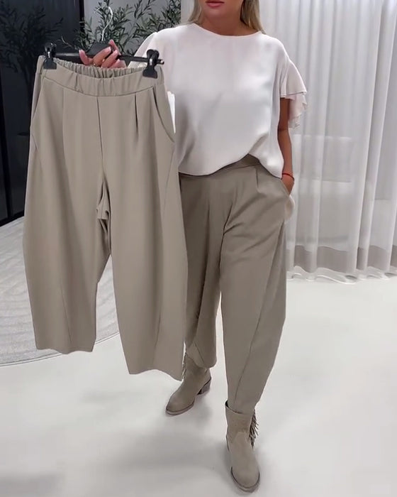 Modieuze Effen Kleur Broek Met Elastische Taille