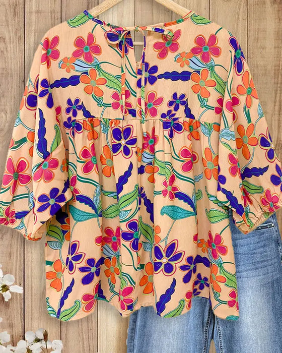 Blouse Geplisseerd Bloem Ronde Hals