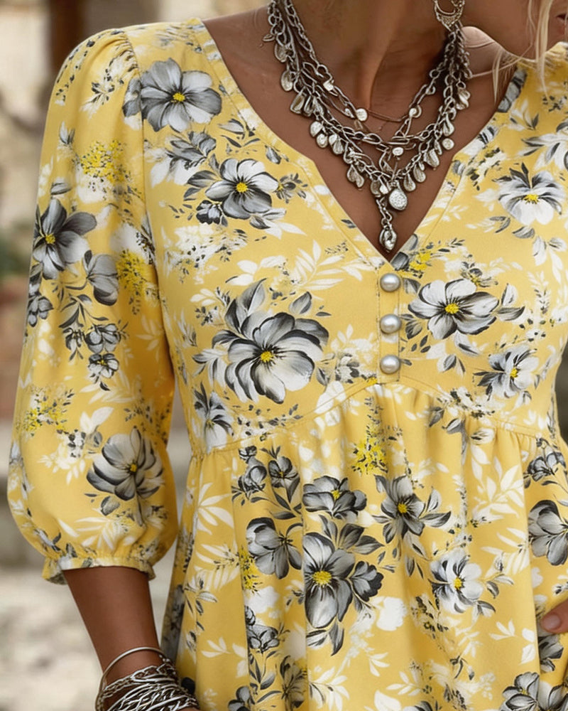 Blouse V-Hals 3/4 Mouw Bloemen