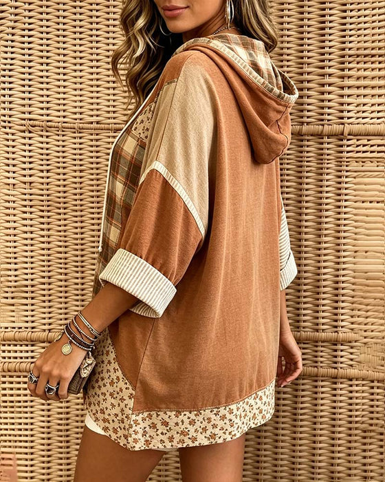 Hoodie Ruit Streep Bloemen Patchwork