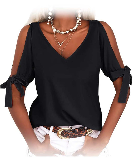 Blouse V-Hals Cold Shoulder Strik Effen