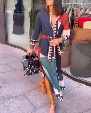 Casual color block print jurk met revers en veter
