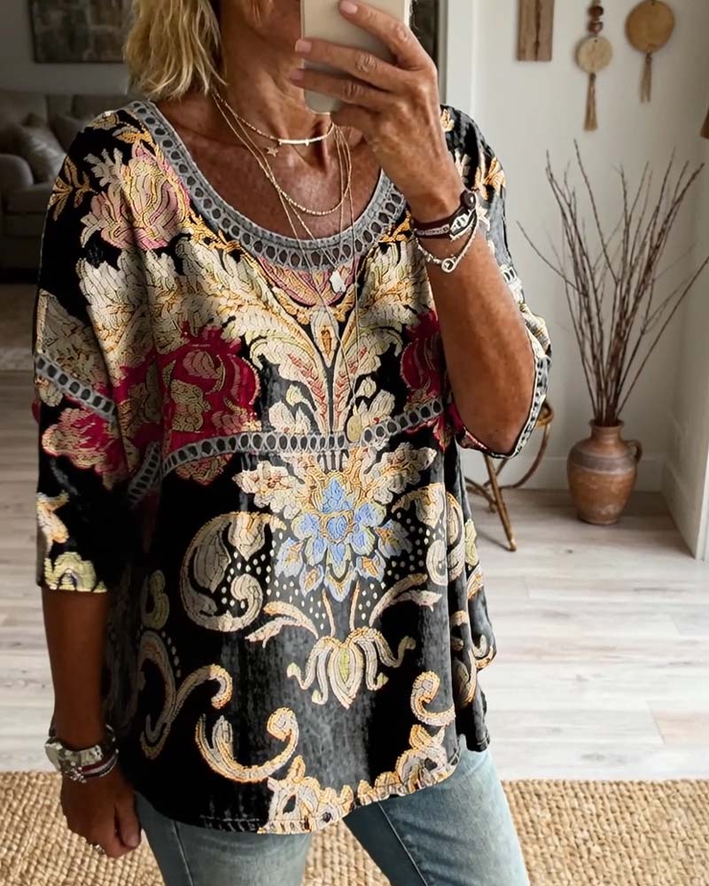 Blouse Bohemian Opengewerkt Bedrukt