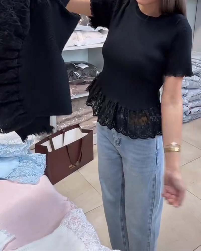 Top Effen Patchwork Geribbeld