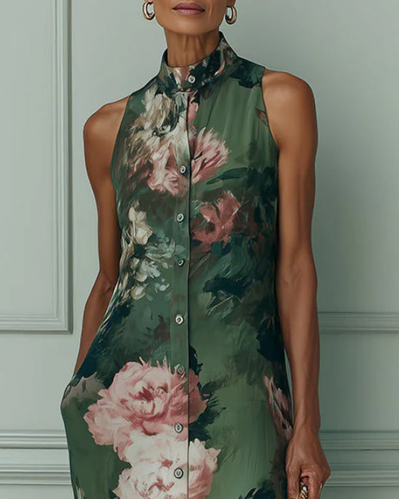 Jurk Mouwloos Bloemen Opstaande Kraag Shirt