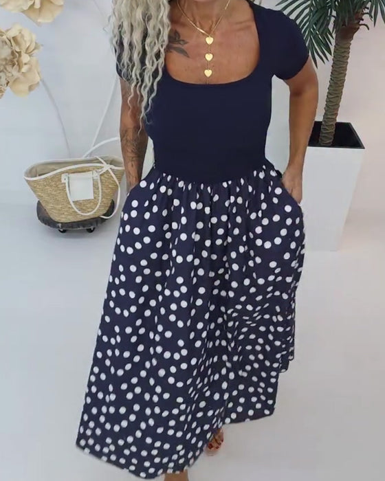 Jurk Vierkante Hals Polka Dot Patchwork