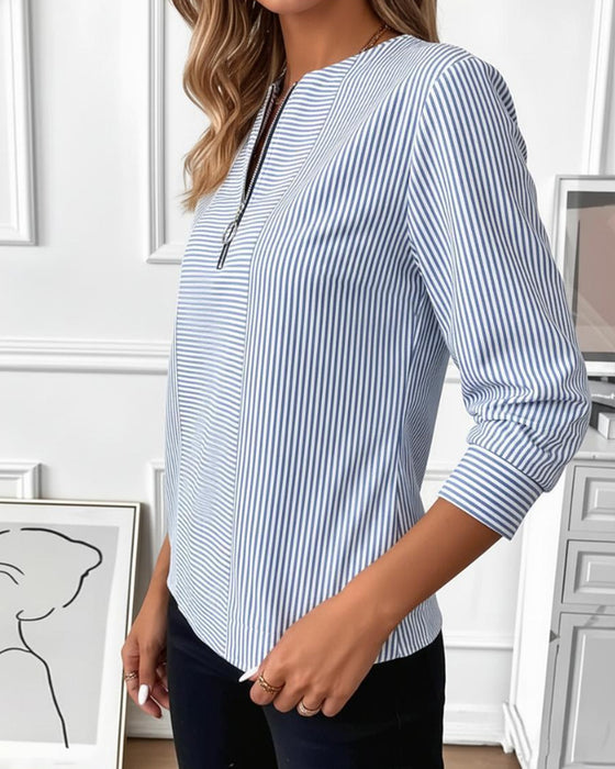 Blouse Gestreept Patchwork Rits Dicht