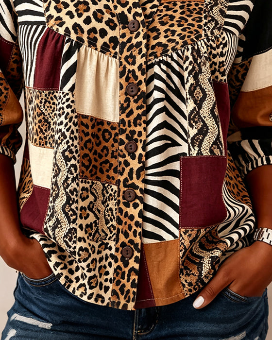 Blouse Luipaard Kleurblok V-Hals