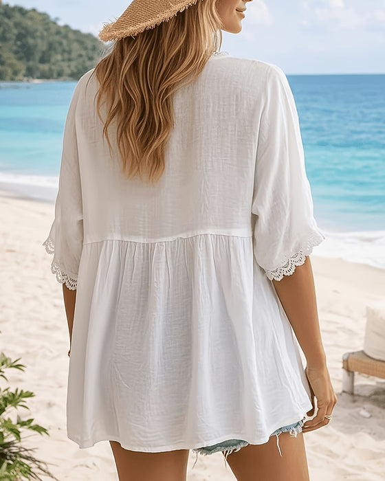 Blouse V-Hals Knoppen Halve Mouwen