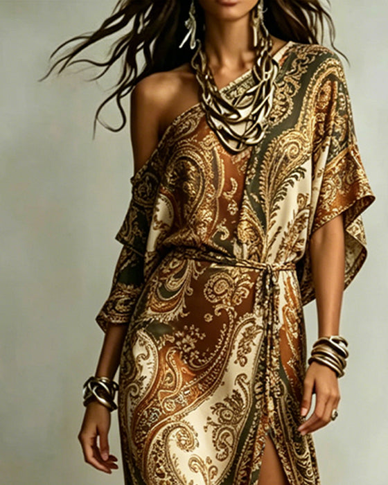 Jurk Paisley Enkel Schouder Stropdas Split Maxi