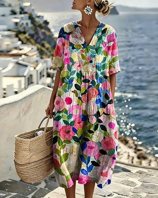 Jurk Aquarel Bloemen V-Hals