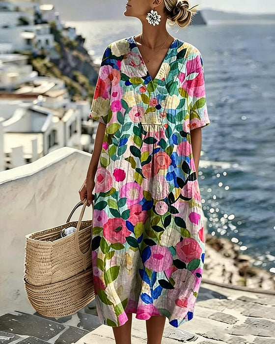 Jurk Aquarel Bloemen V-Hals