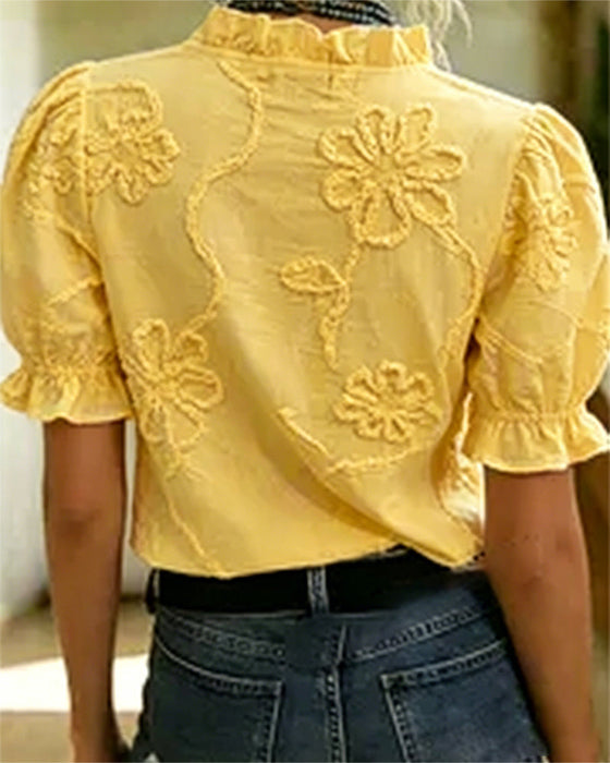 Blouse V-Hals Ruche Rand Pofmouw