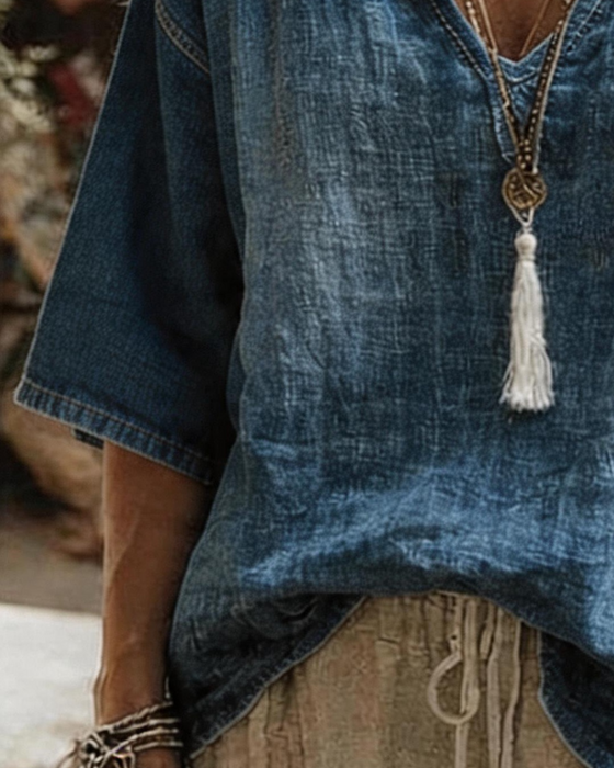 Top V-Hals Denim Half Mouw
