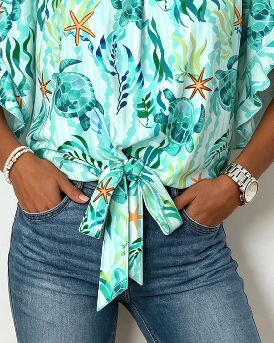 Blouse Oceaan Print Off-Shoulder Stropdas