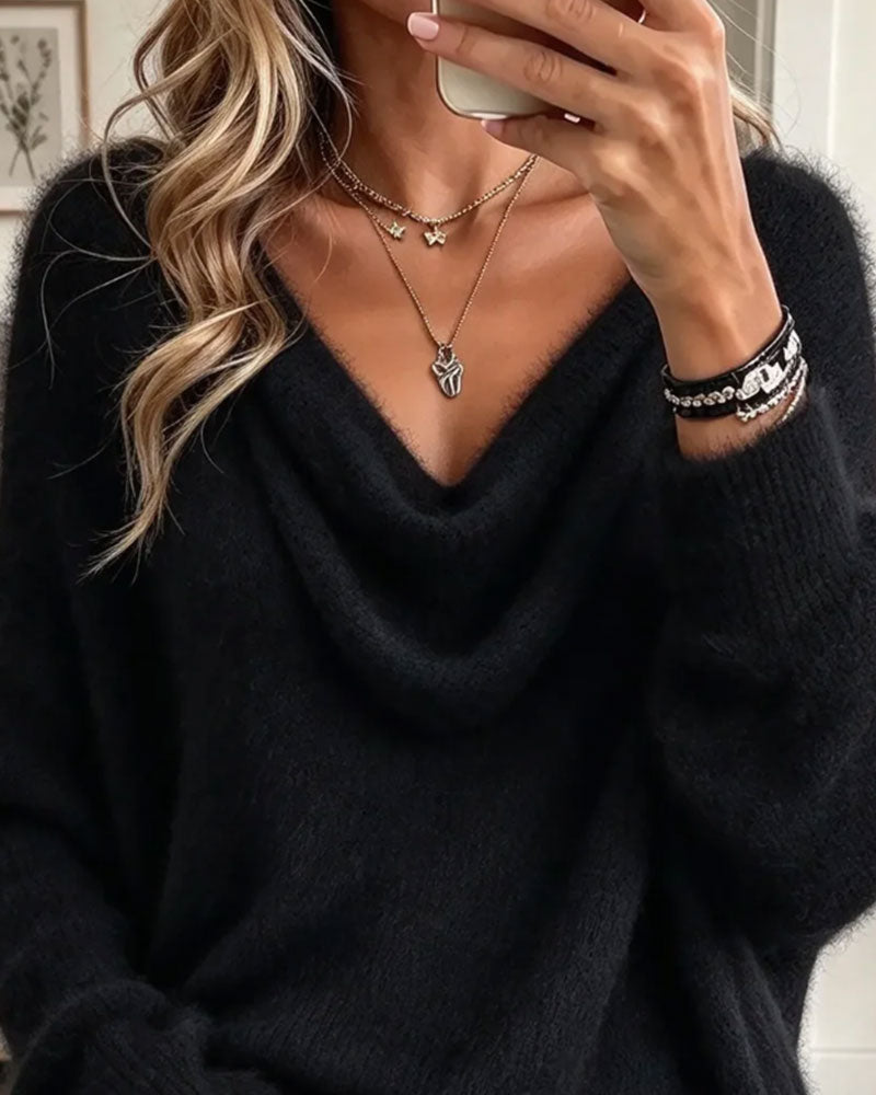 Pullover Gedrapeerde Kraag Franje Pluche Wijd