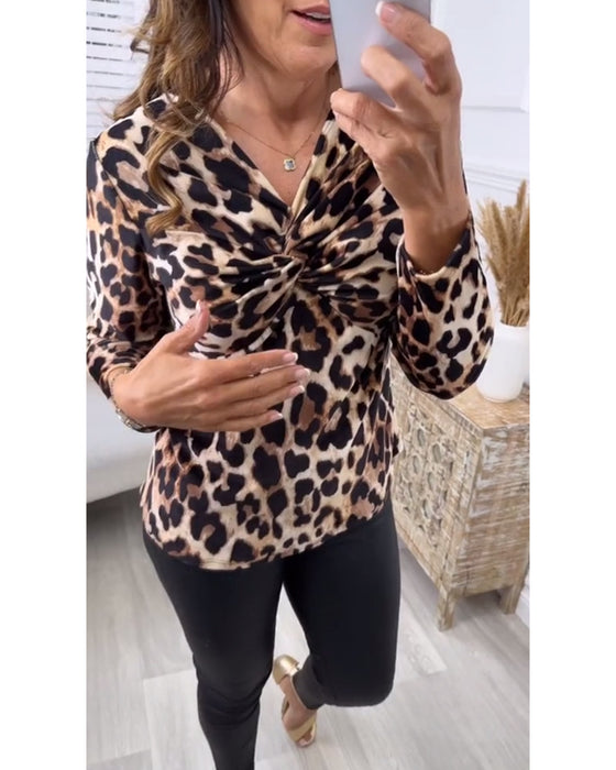 Mode luipaard print geknoopt geplooid blouse met lange mouwen