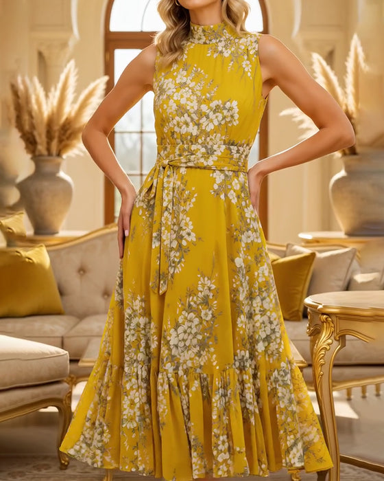 Jurk Mock Neck Mouwloos Getailleerd Bloemen