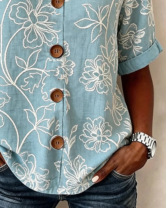 Blouse V-Hals Pioenprint Knoop