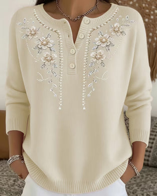 Sweatshirt Ronde Hals Knoopsluiting Bloemen Lange Mouw