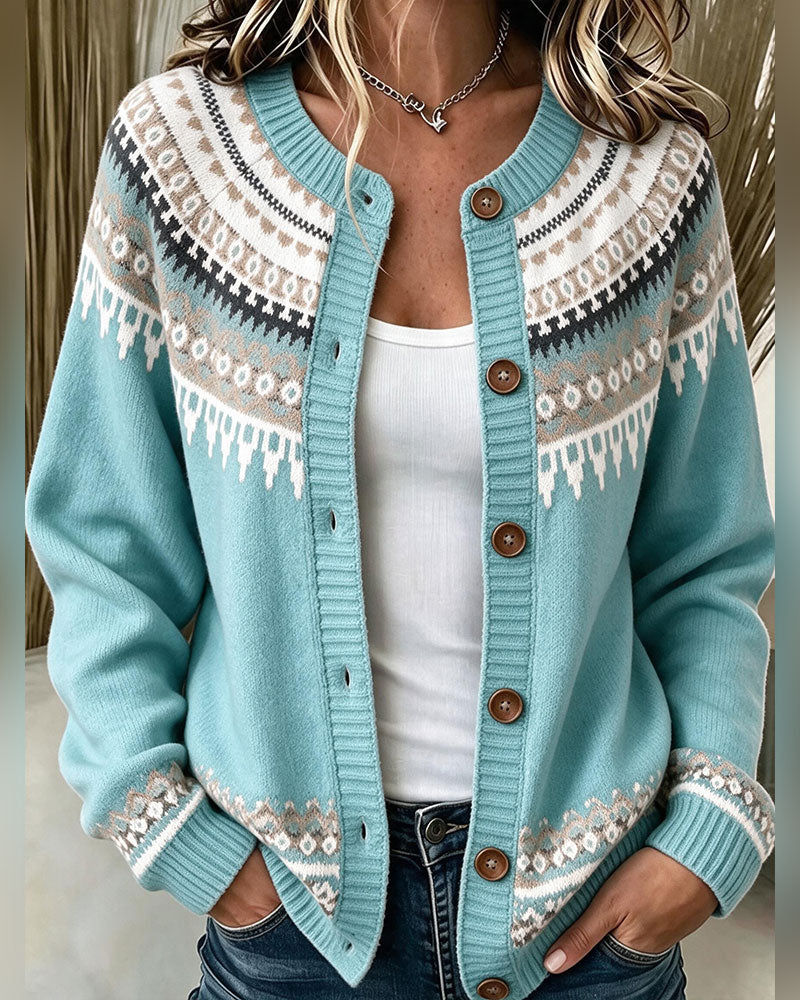 Gebreide Cardigan Met Print, Lange Mouwen En Knoopsluiting
