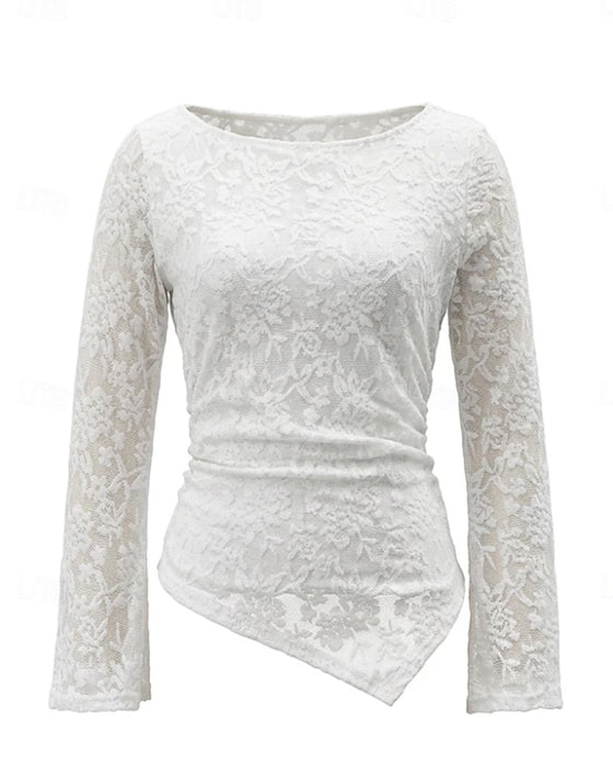 Blouse Ronde Hals Kant Paneel Asymmetrisch