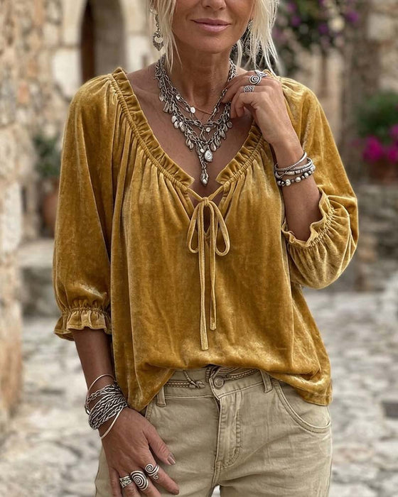 Blouse Trekkoord Fluweel Korte Mouw