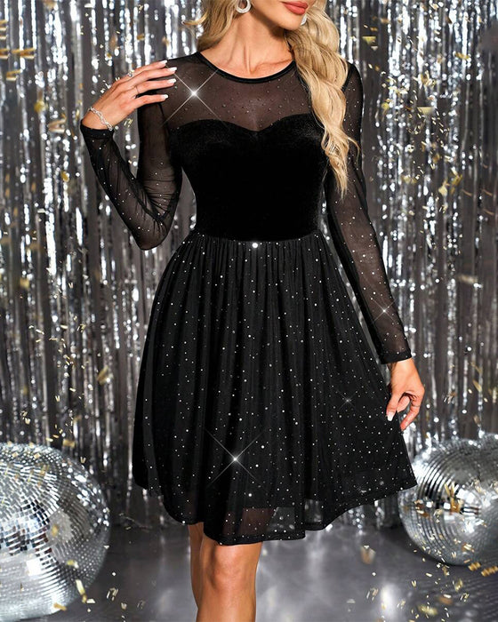 Jurk Glinsterend Mesh Fluweel Patchwork A-Lijn