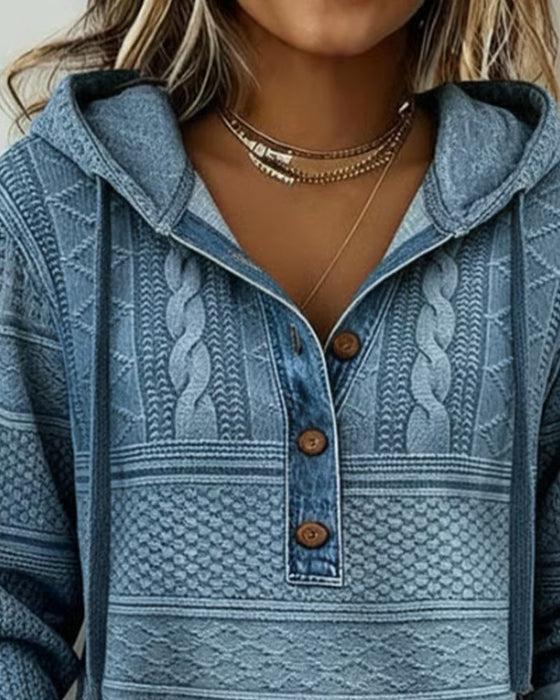Hoodie Van Denim Met Kabelssteek En Patchworkdetails