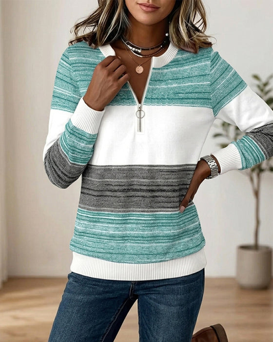 Sweatshirt Met Ronde Hals Rits Gestreept Contrast