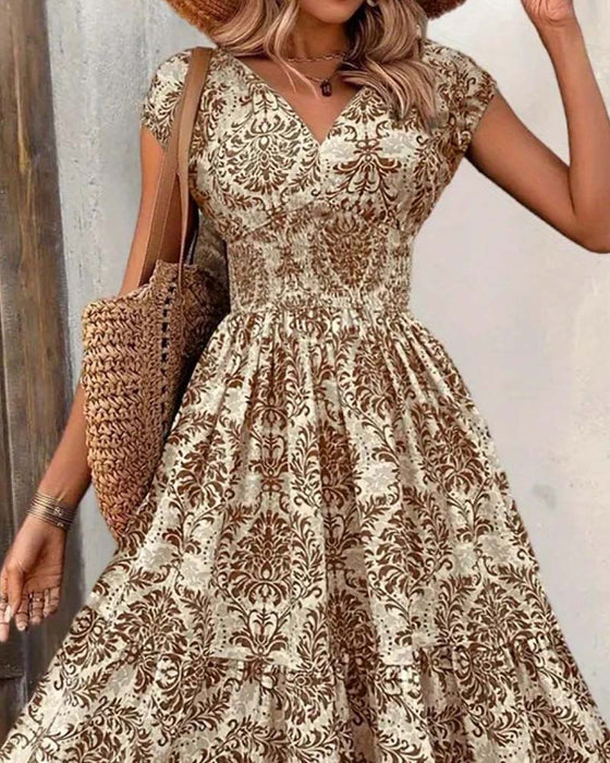Jurk Retro Print V-Hals Ingesnoerde Taille Lang