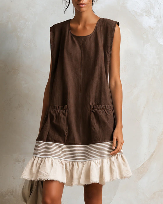Jurk Mouwloos Streep Contrast Patchwork