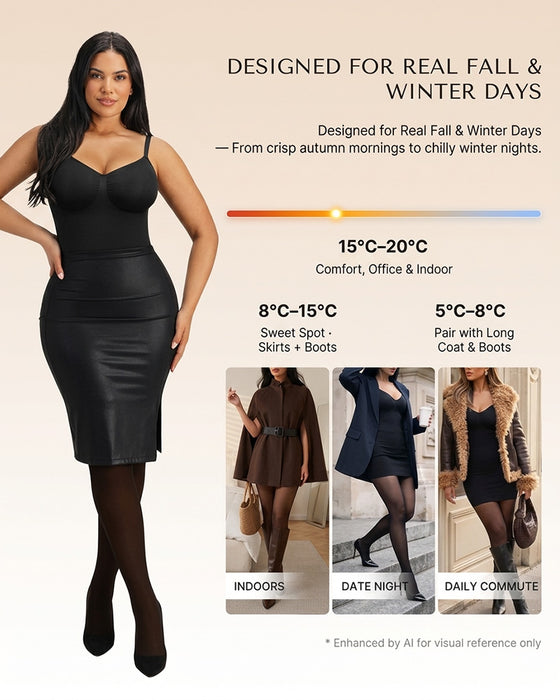 Transparant Paneel Met Fleecegevoerde Panty Stay-Warm Buikcontrole Sheer-Effect Panty Bodysuit Zwart Basic